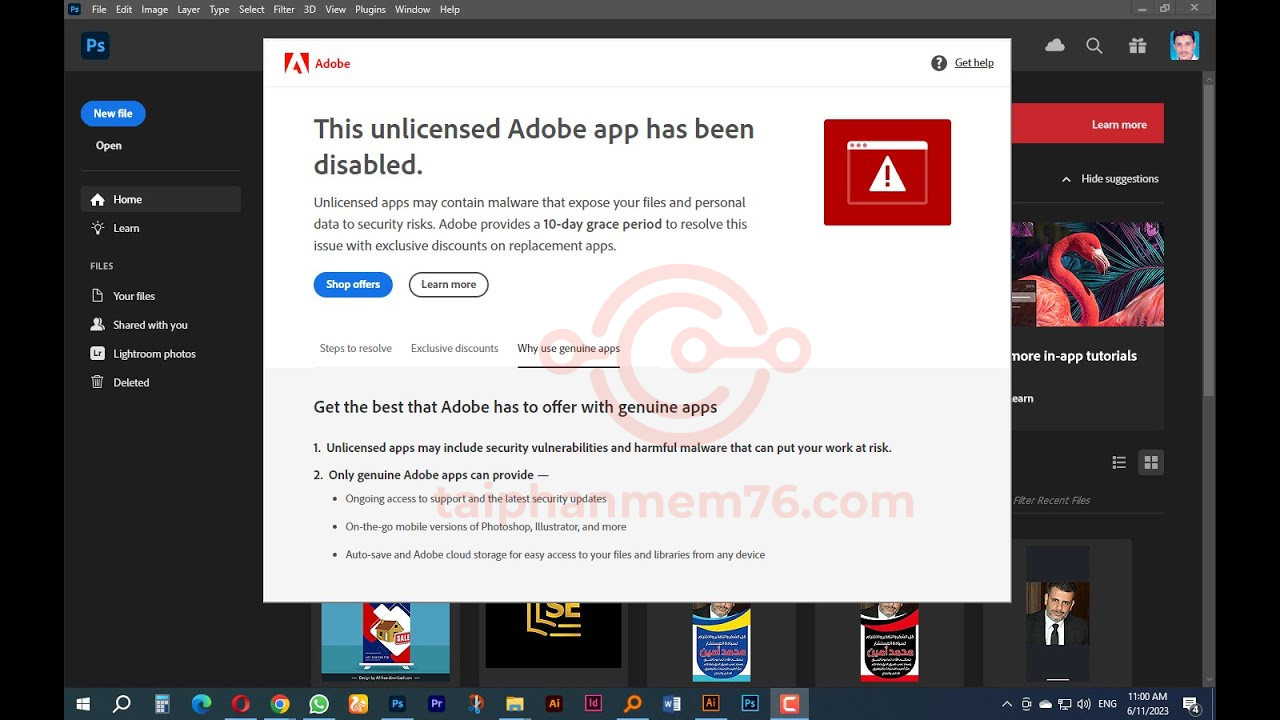 This unlicensed Adobe app has been disabled